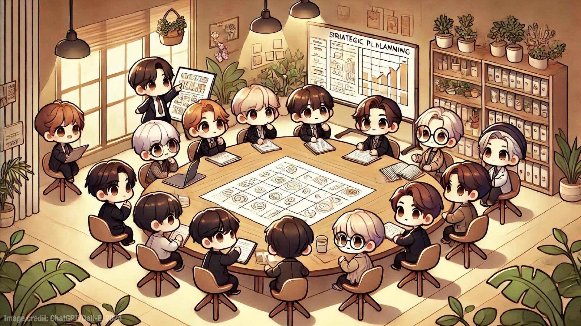 A cute image showing chibi executives gathered around a large round table.